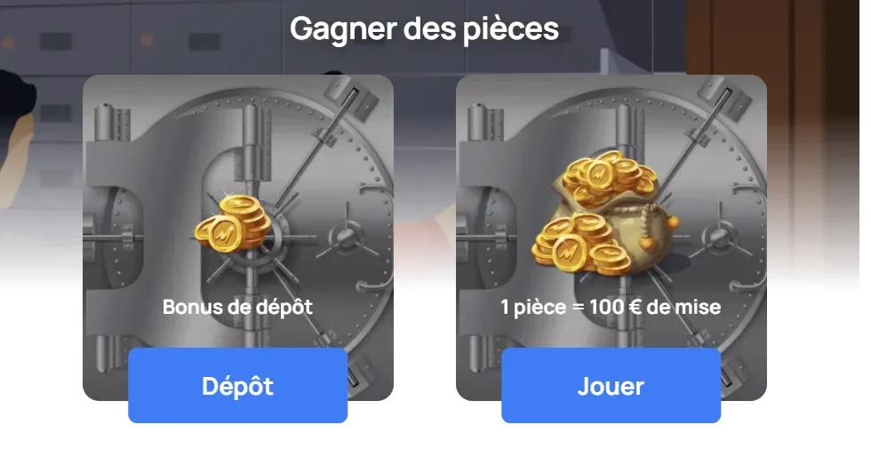 Page Gagner des pièces de la boutique Millionz Casino : bonus de dépôt et 1 pièce pour 100 € de mise