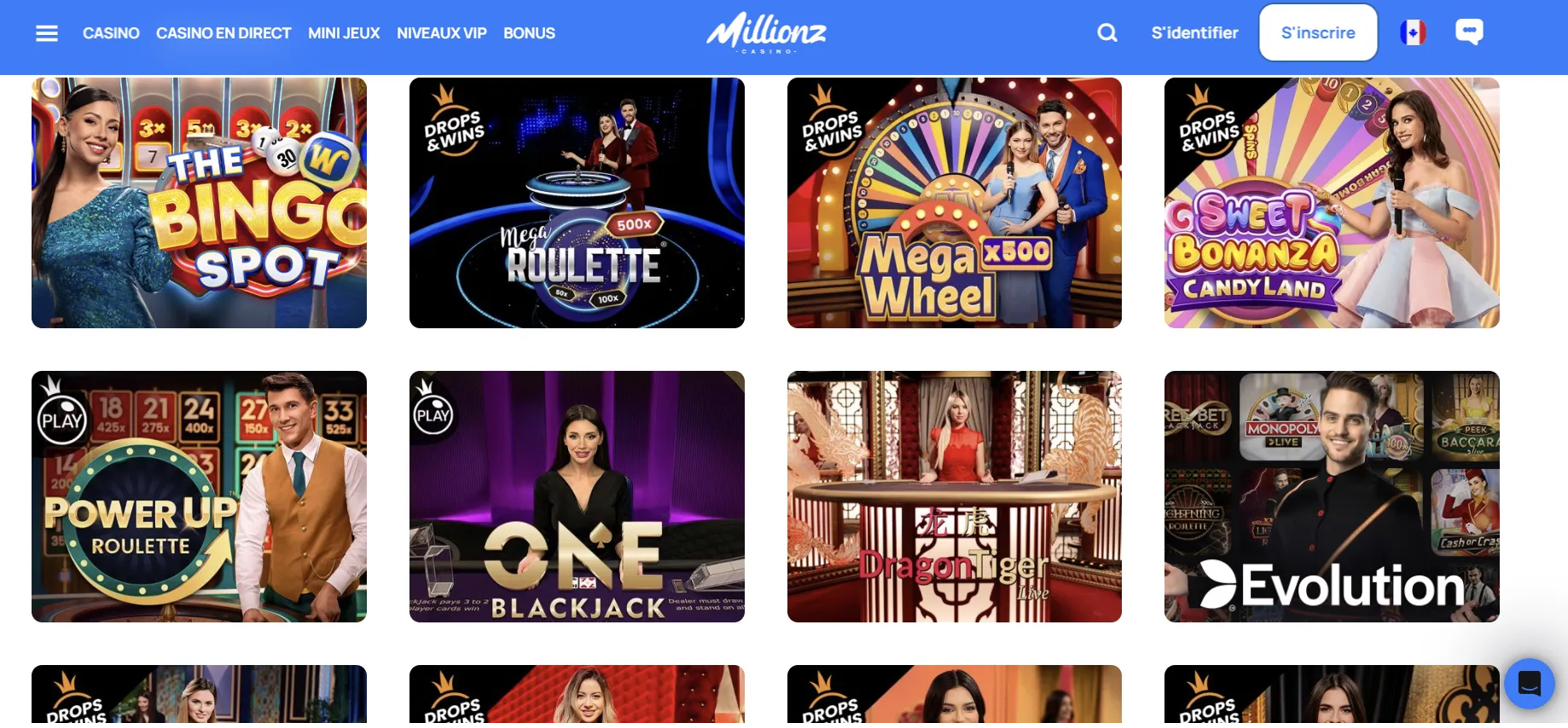 Lobby du casino en direct de Millionz Casino